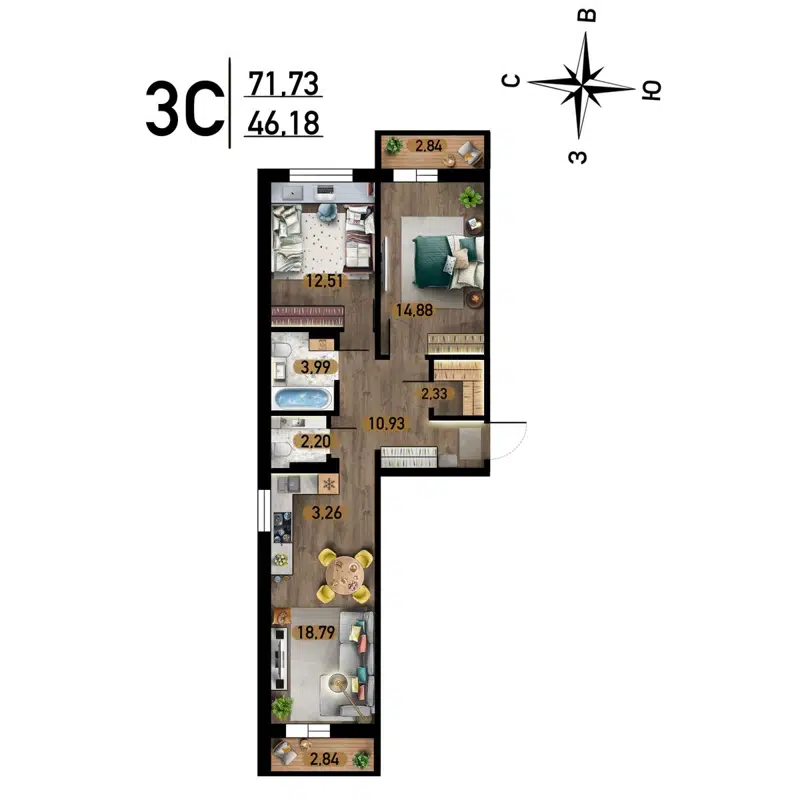 3-комнатная квартира 71.73 м² Радуга Сибири