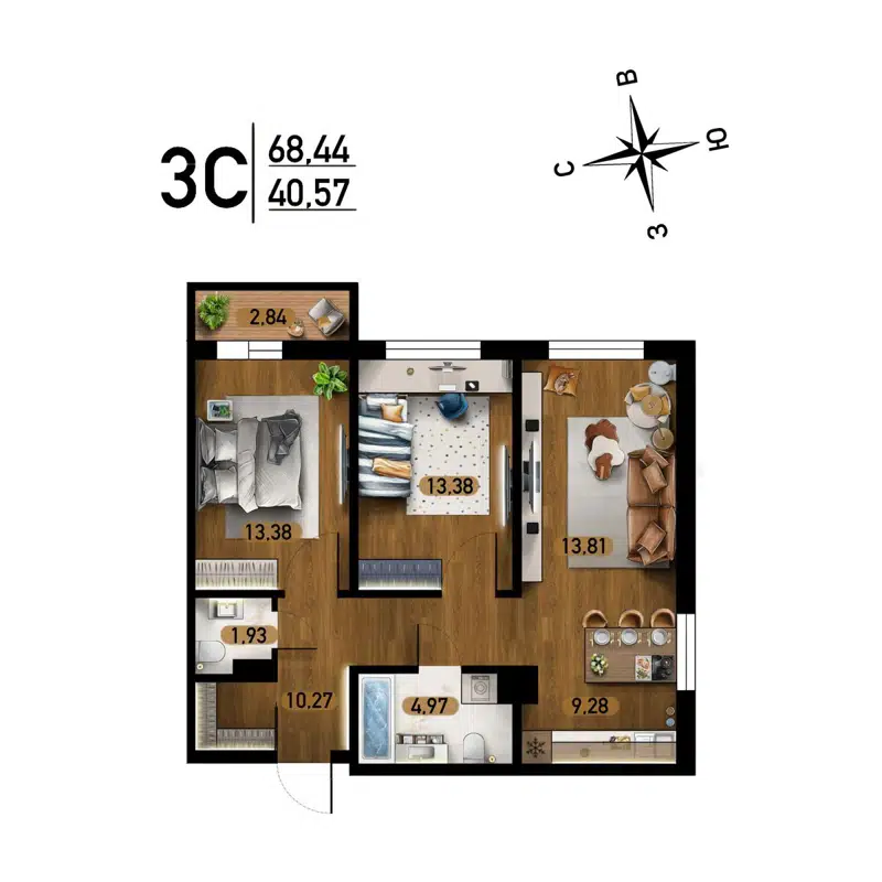 3-комнатная квартира 68.44 м² Радуга Сибири