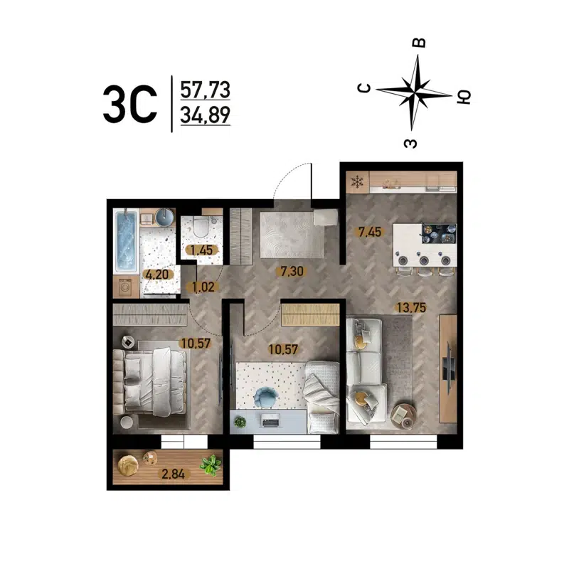 3-комнатная квартира 57.73 м² Радуга Сибири