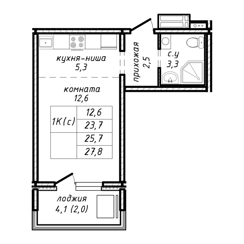 1-комнатная квартира 25.7 м² Азимут