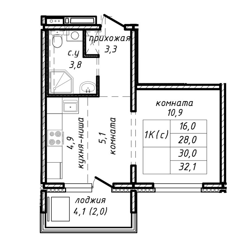 1-комнатная квартира 30 м² Азимут