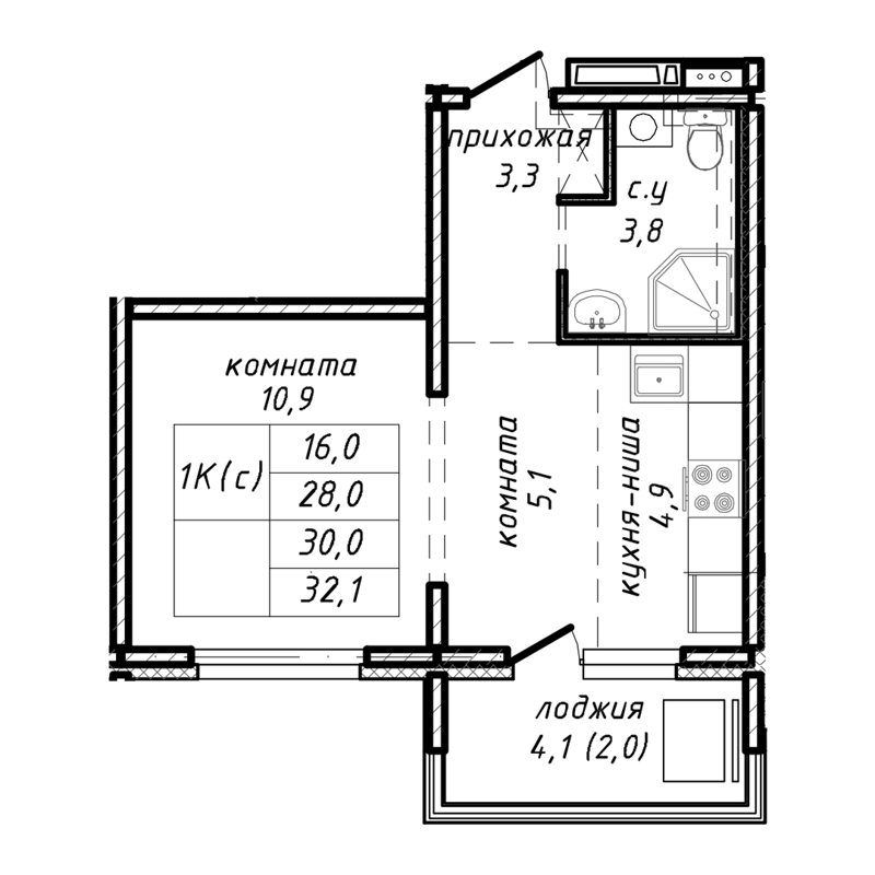 1-комнатная квартира 30 м² Азимут