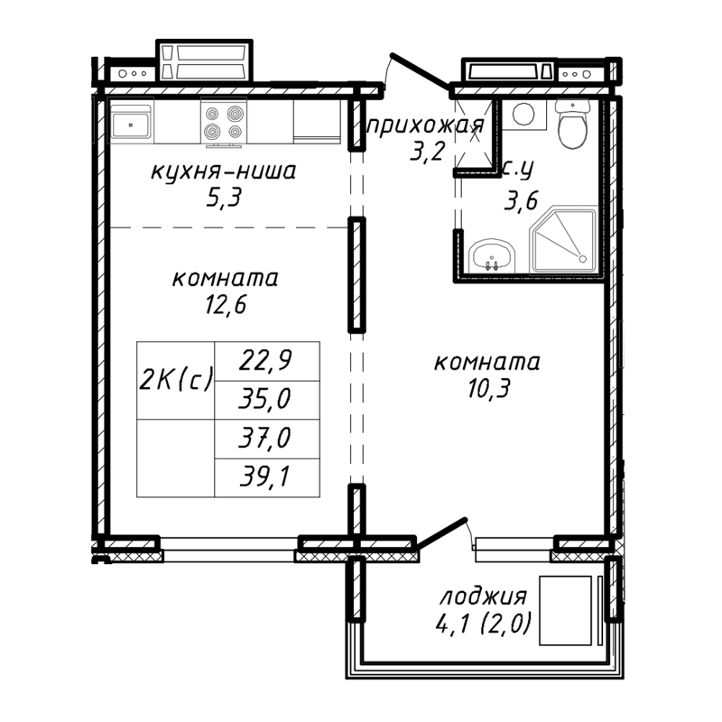 2-комнатная квартира 37 м² Азимут