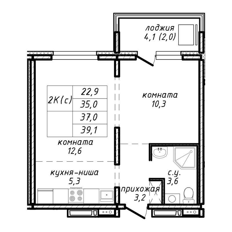 2-комнатная квартира 37 м² Азимут