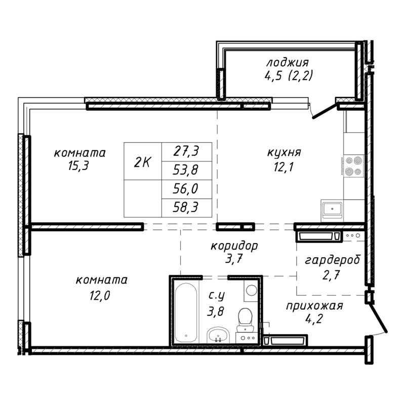 2-комнатная квартира 56 м² Азимут