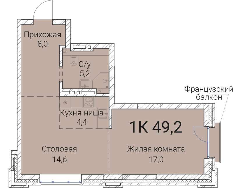 1-комнатная квартира 49.2 м² Тайм Сквер