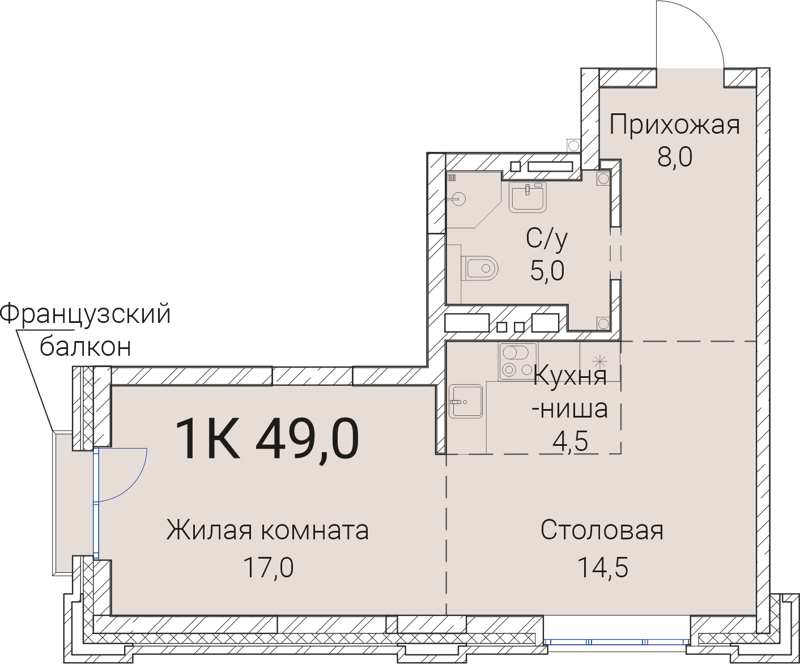1-комнатная квартира 49 м² Тайм Сквер