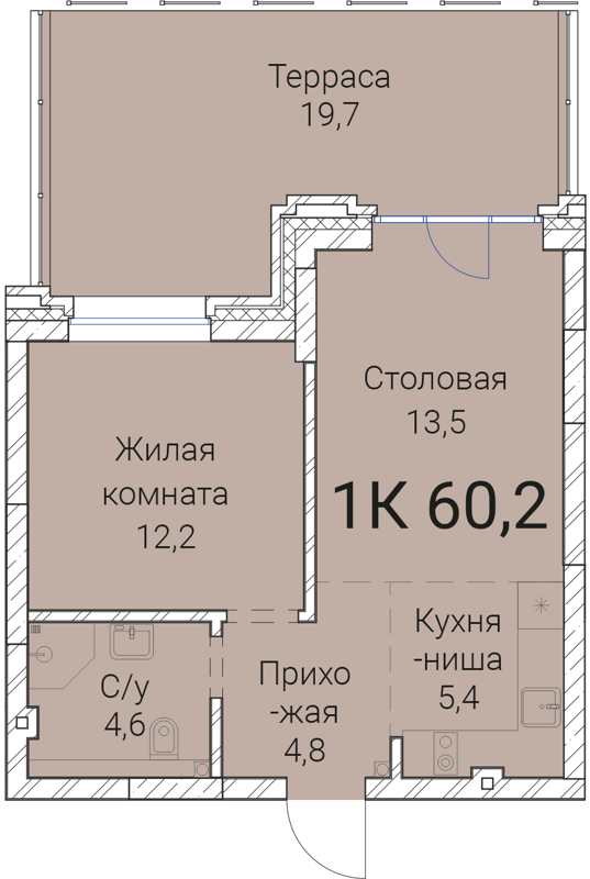 1-комнатная квартира 60.2 м² Тайм Сквер