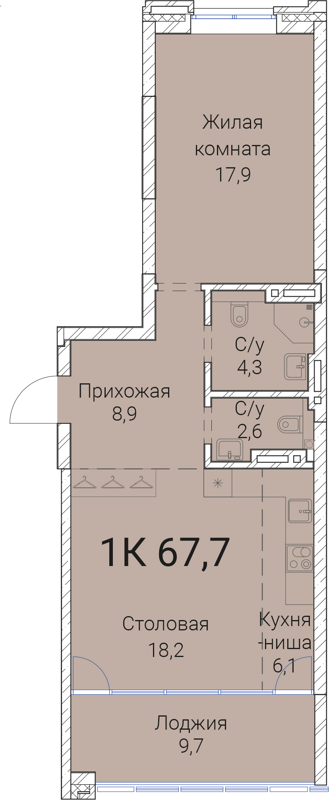 1-комнатная квартира 67.7 м² Тайм Сквер