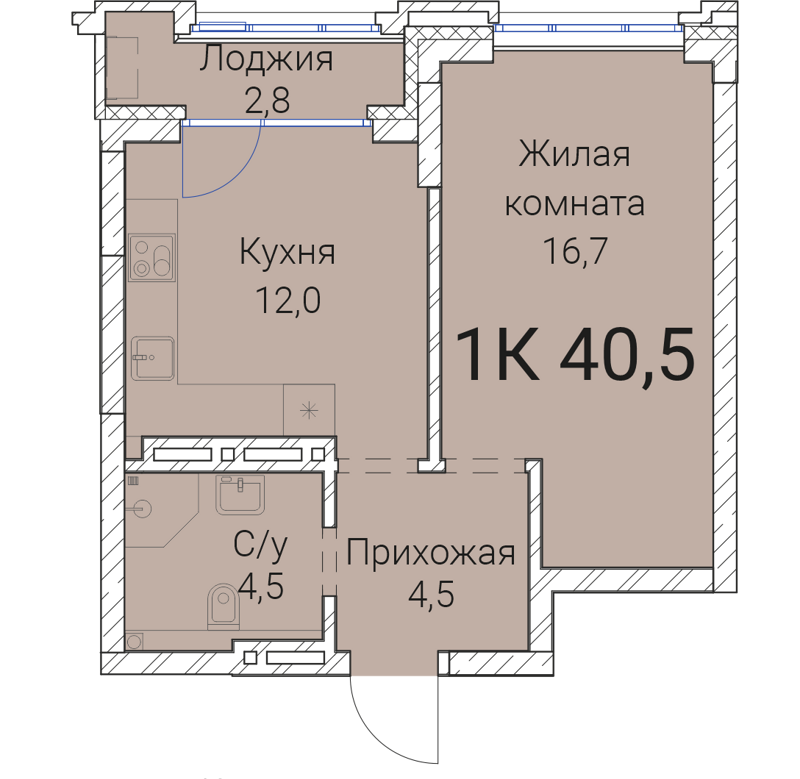 1-комнатная квартира 40.5 м² Тайм Сквер