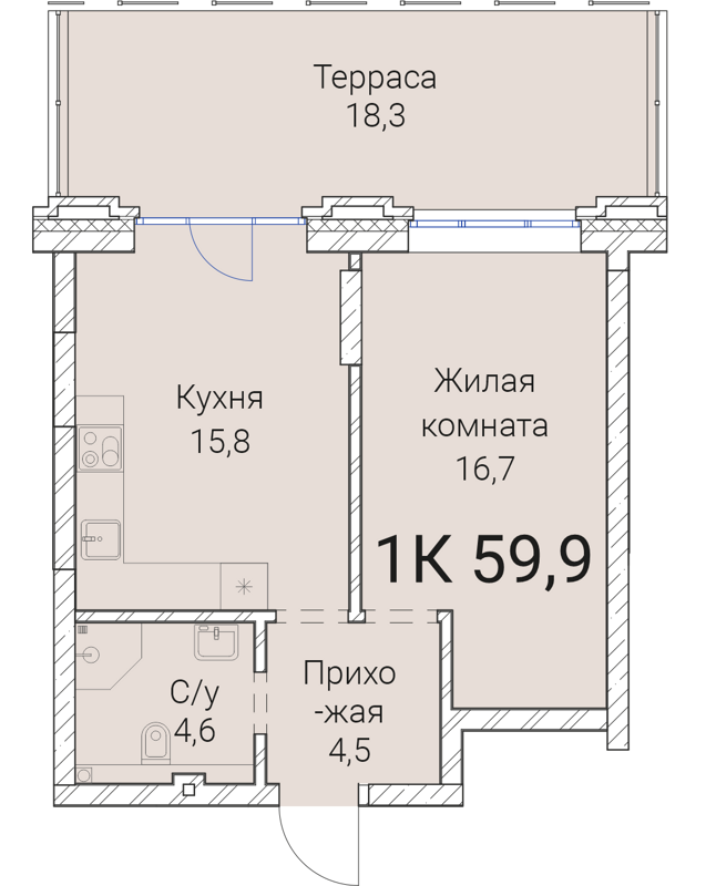1-комнатная квартира 59.9 м² Тайм Сквер