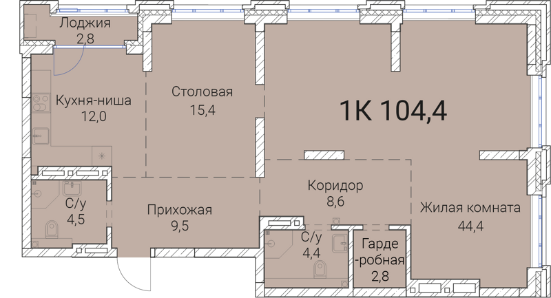 1-комнатная квартира 104.4 м² Тайм Сквер