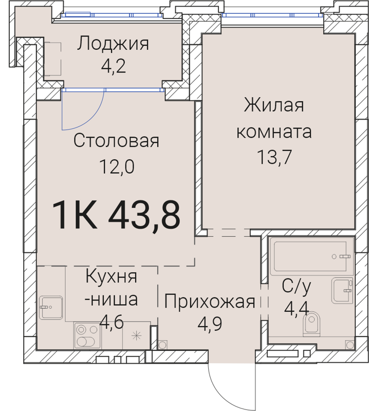 1-комнатная квартира 43.8 м² Тайм Сквер