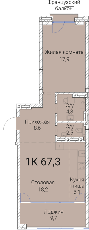 1-комнатная квартира 67.3 м² Тайм Сквер