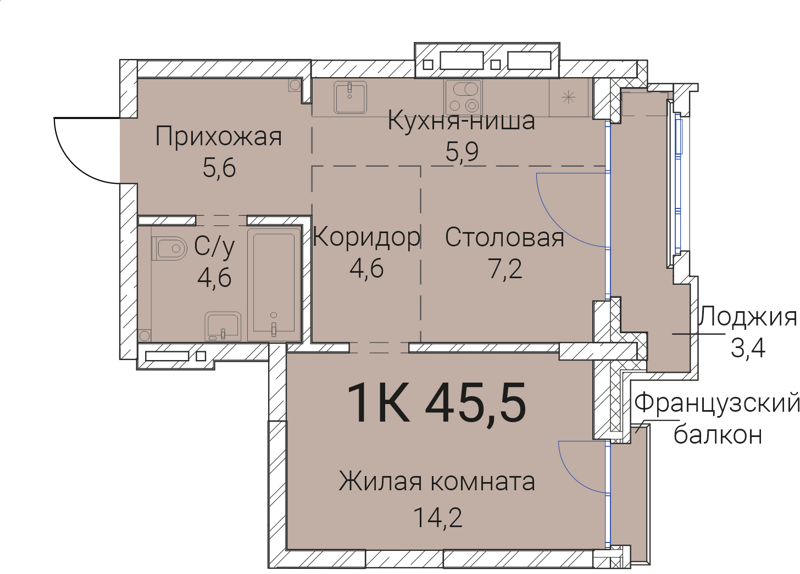 1-комнатная квартира 45.5 м² Тайм Сквер