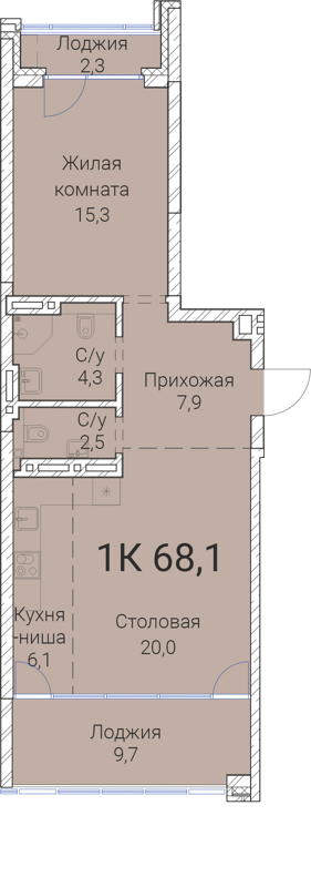 1-комнатная квартира 68.1 м² Тайм Сквер