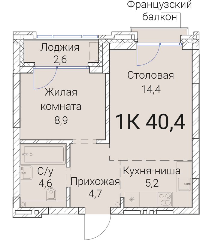 1-комнатная квартира 40.4 м² Тайм Сквер