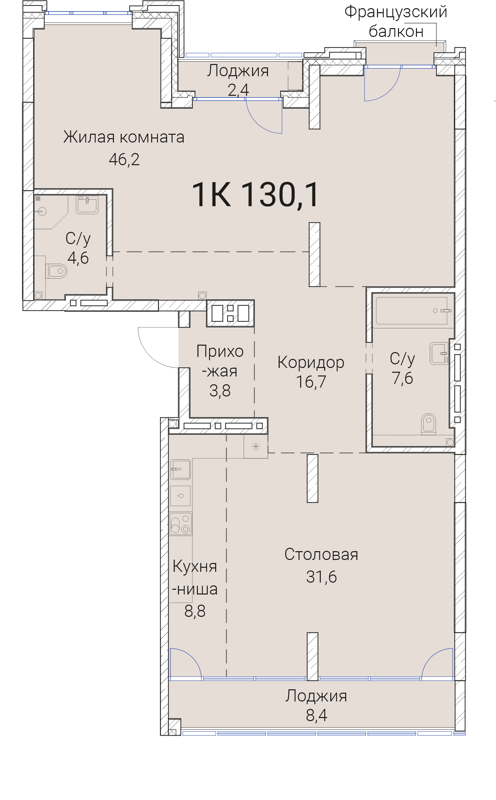 1-комнатная квартира 130.1 м² Тайм Сквер