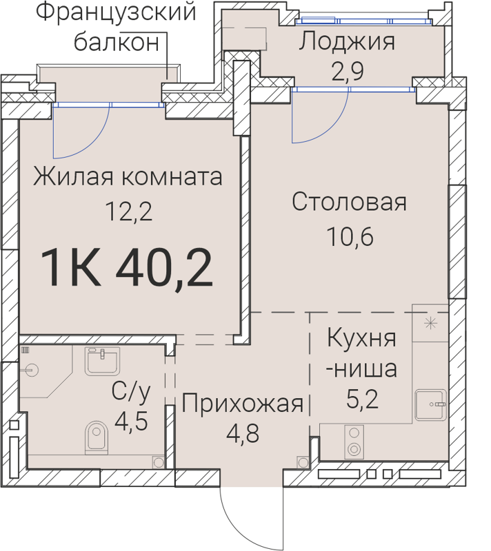 1-комнатная квартира 40.2 м² Тайм Сквер