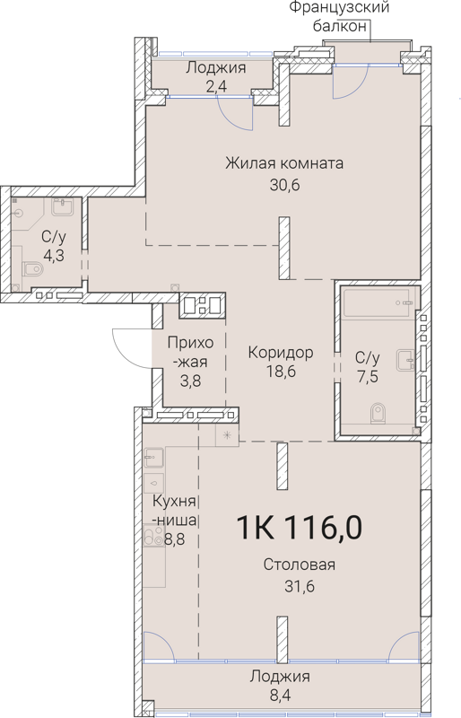 1-комнатная квартира 116 м² Тайм Сквер