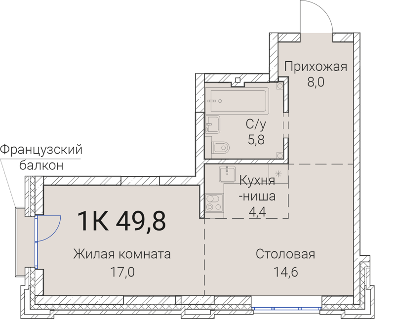 1-комнатная квартира 49.8 м² Тайм Сквер