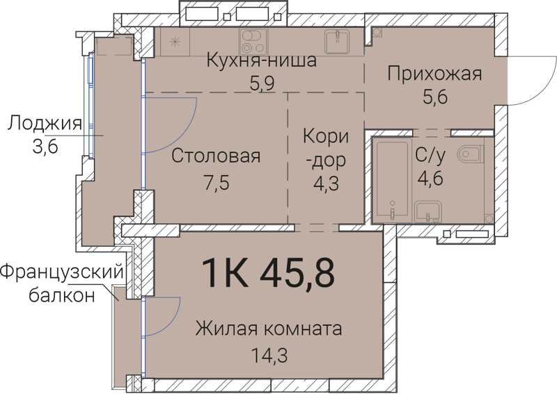 1-комнатная квартира 45.8 м² Тайм Сквер