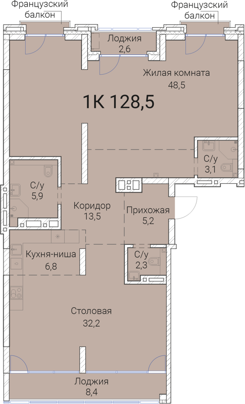 1-комнатная квартира 128.5 м² Тайм Сквер