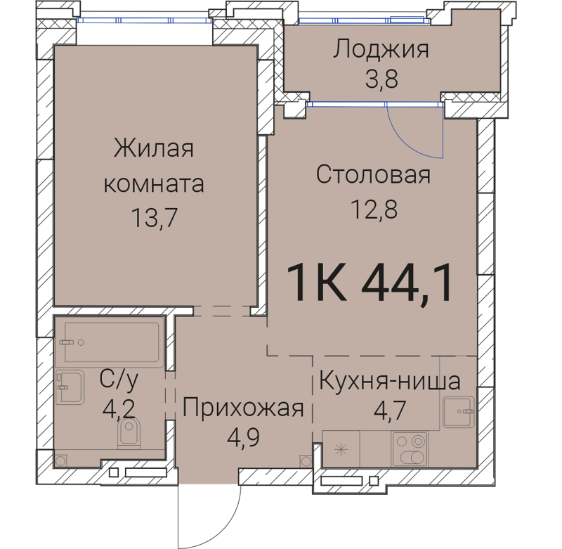 1-комнатная квартира 44.1 м² Тайм Сквер
