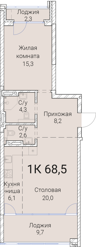 1-комнатная квартира 68.5 м² Тайм Сквер