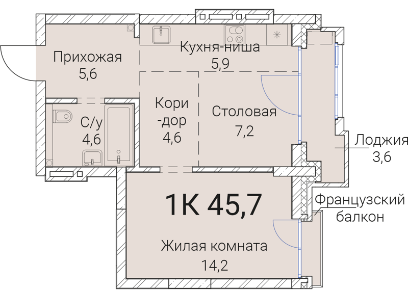 1-комнатная квартира 45.7 м² Тайм Сквер