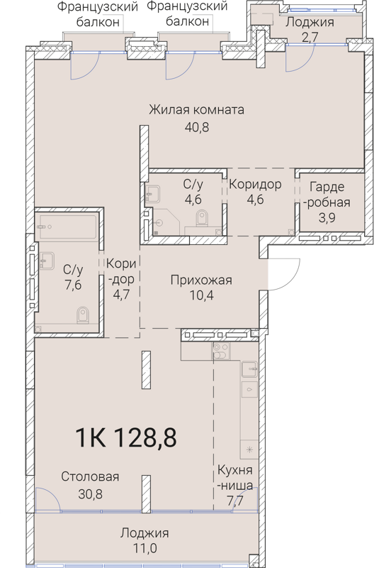 1-комнатная квартира 128.8 м² Тайм Сквер