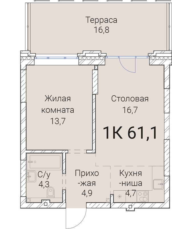 1-комнатная квартира 61.1 м² Тайм Сквер
