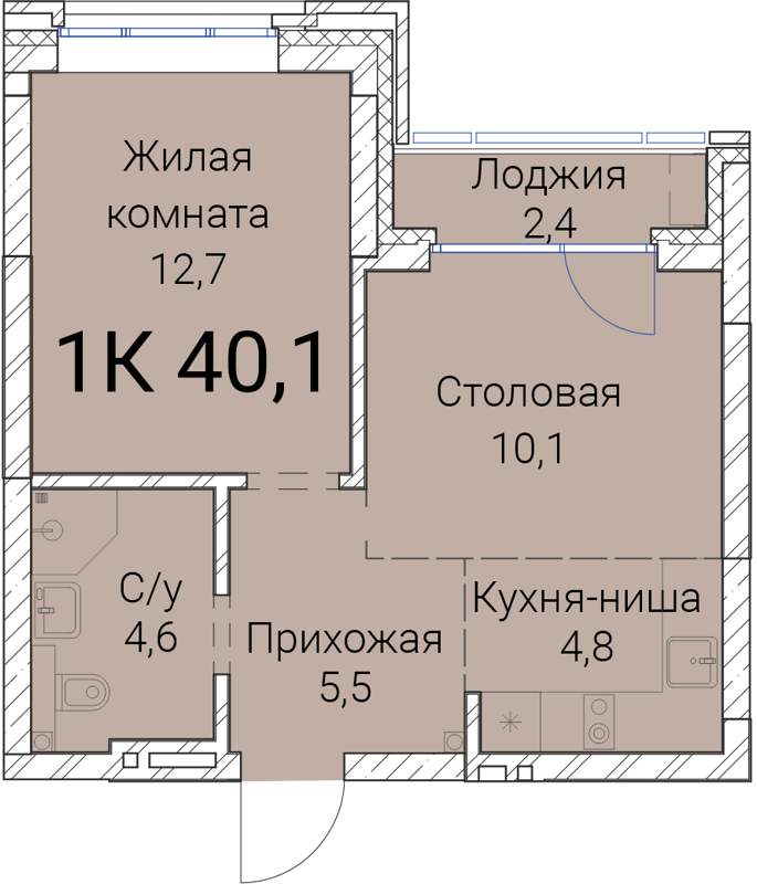1-комнатная квартира 40.1 м² Тайм Сквер