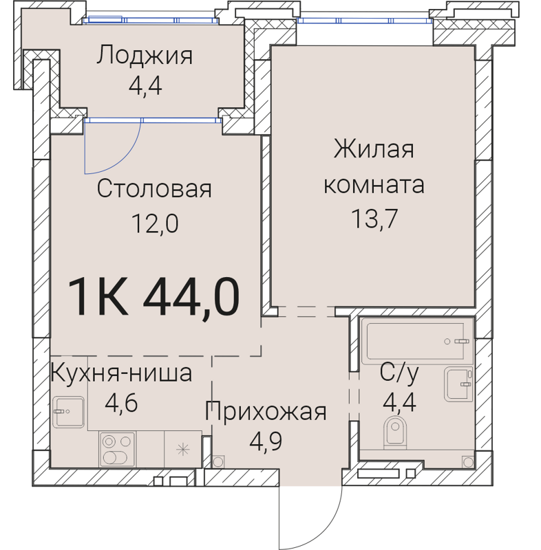 1-комнатная квартира 44 м² Тайм Сквер