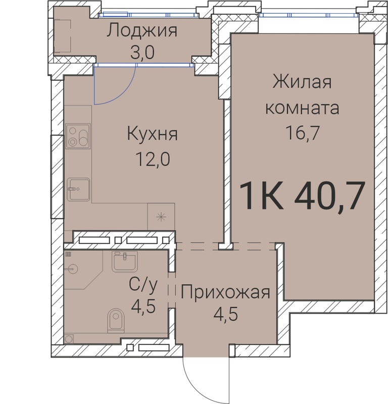 1-комнатная квартира 40.7 м² Тайм Сквер
