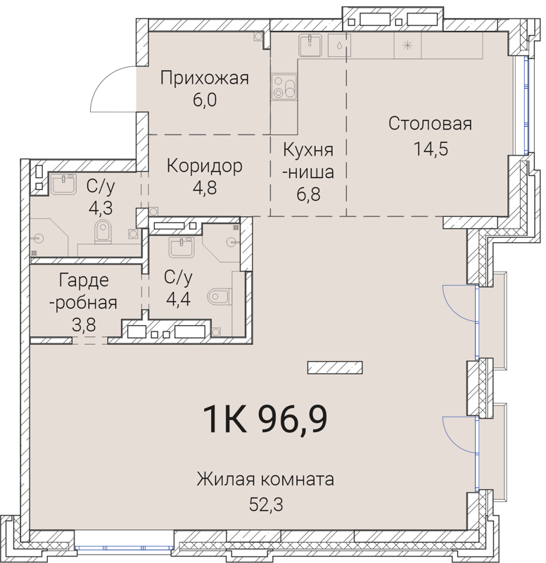 1-комнатная квартира 96.9 м² Тайм Сквер