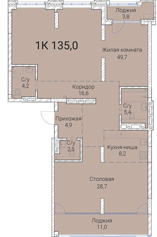 1-комнатная квартира 135 м² Тайм Сквер