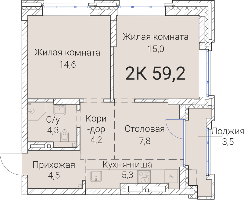 2-комнатная квартира 59.2 м² Тайм Сквер