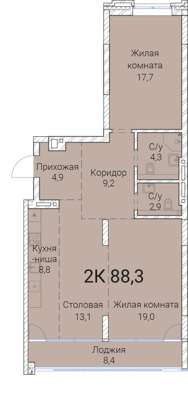 2-комнатная квартира 88.3 м² Тайм Сквер