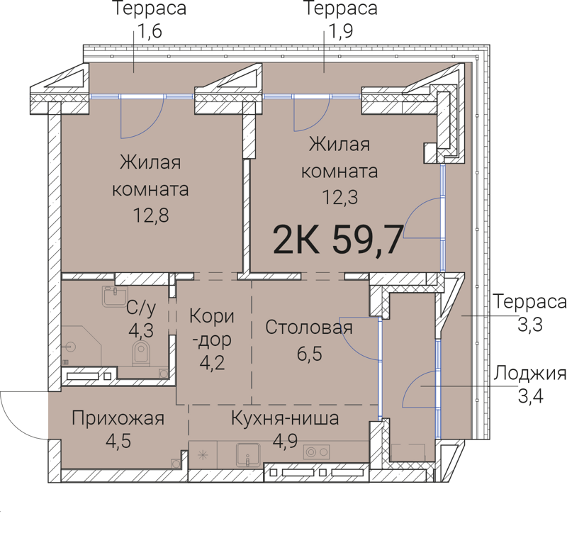 2-комнатная квартира 59.7 м² Тайм Сквер