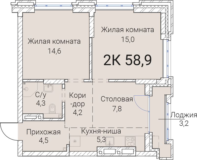 2-комнатная квартира 58.9 м² Тайм Сквер