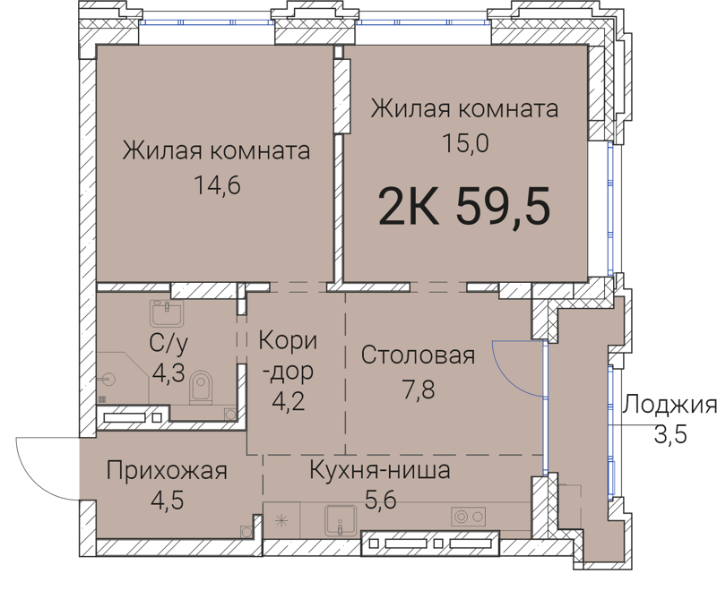 2-комнатная квартира 59.5 м² Тайм Сквер