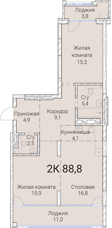 2-комнатная квартира 88.8 м² Тайм Сквер