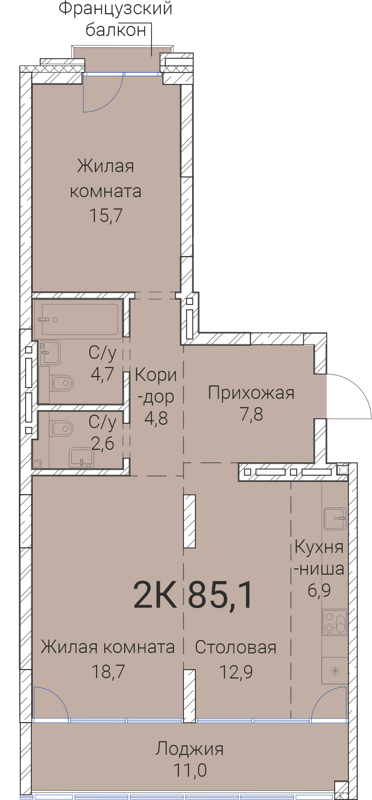 2-комнатная квартира 85.1 м² Тайм Сквер