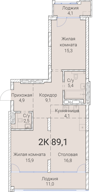 2-комнатная квартира 89.1 м² Тайм Сквер