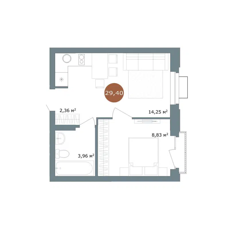 1-комнатная квартира 29.4 м² 19/56 Кварталы Телецентра