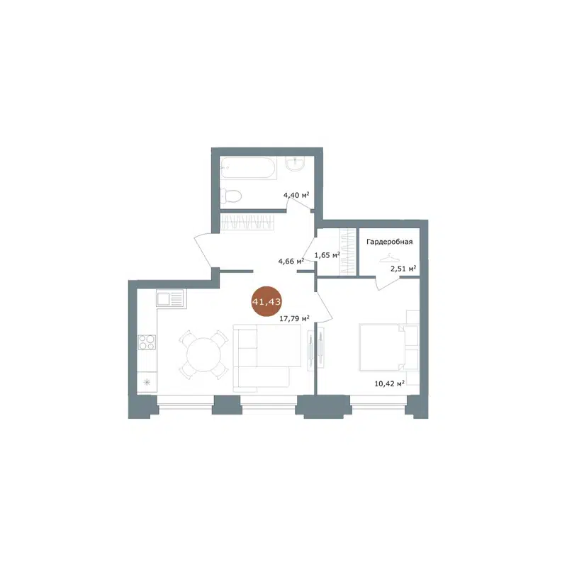 2-комнатная квартира 41.43 м² 19/56 Кварталы Телецентра