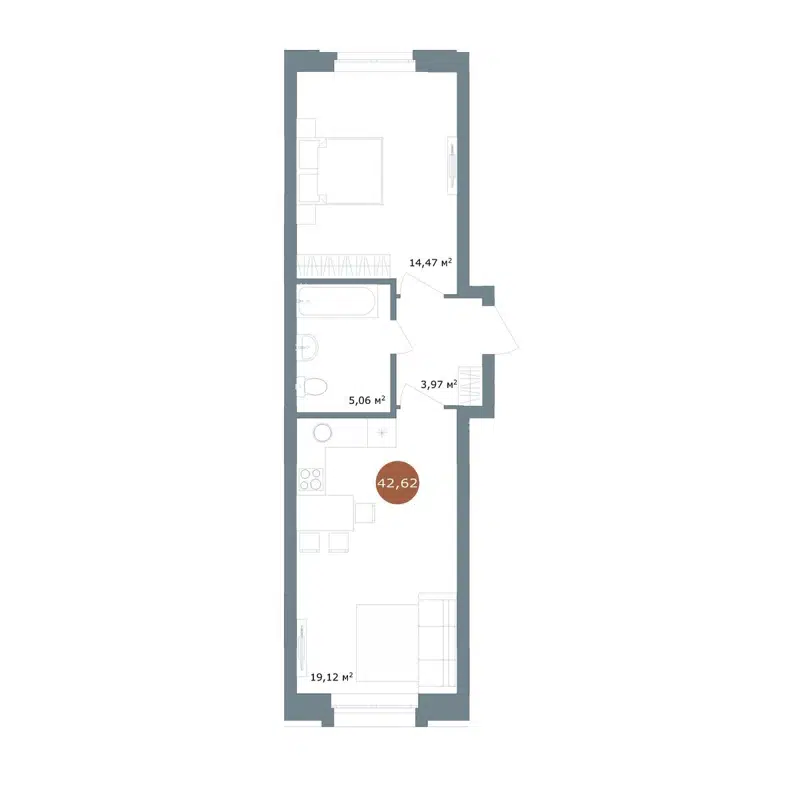 2-комнатная квартира 42.62 м² 19/56 Кварталы Телецентра