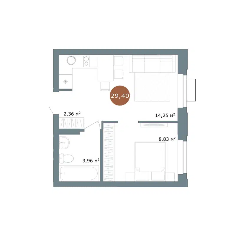 2-комнатная квартира 29.28 м² 19/56 Кварталы Телецентра