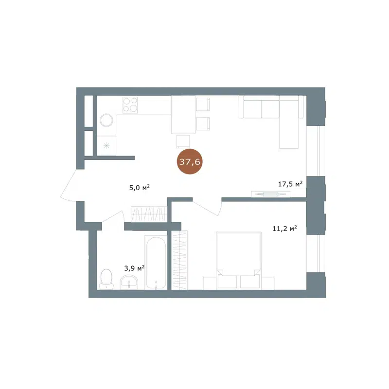 2-комнатная квартира 37.6 м² 19/56 Кварталы Телецентра